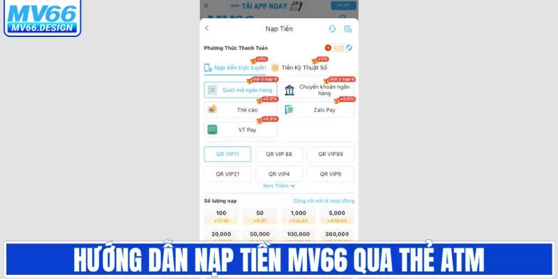 Hướng dẫn nạp tiền MV66 qua thẻ atm