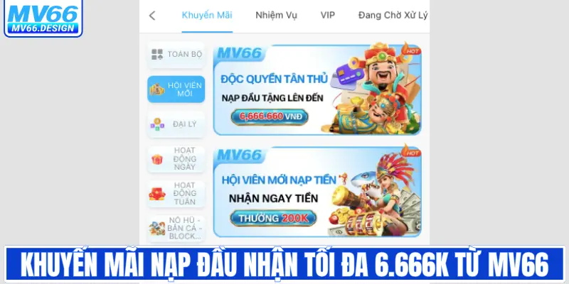 Khuyến mãi nạp đầu nhận tối đa 6.666K từ MV66